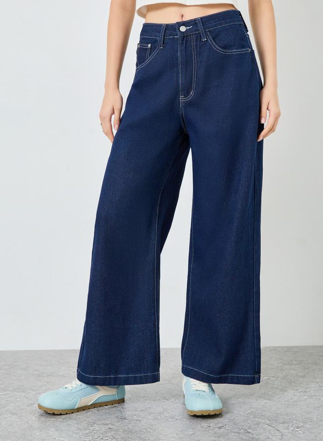 Styli Women Dark Blue Wash Wide Leg Jeans - Image 1